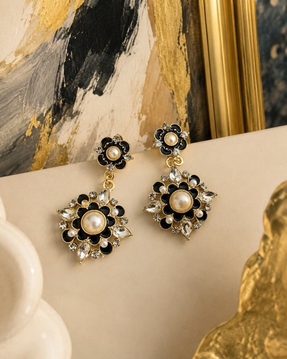 Art Deco Flower Museum Earrings Geometric Pearl Gold Crystal CZ VTG Enamel Retro